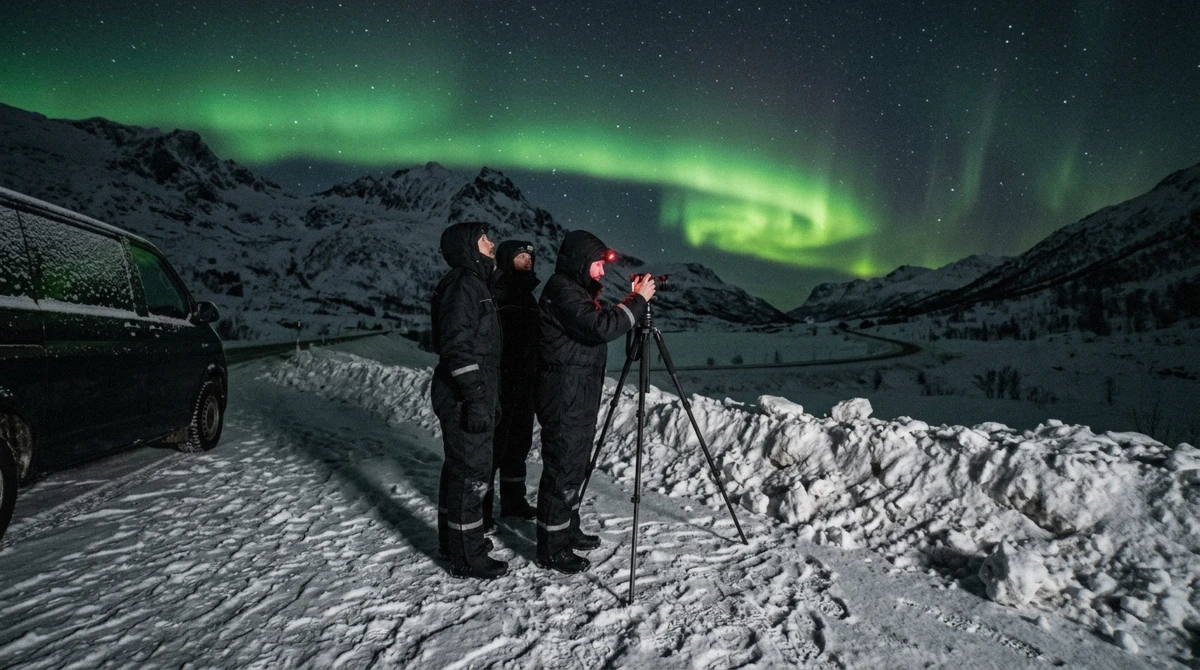 Travellers at a tripod on a snowy roadside stop under a green aurora band on a Tromso northern lights chase, Troms, Norway