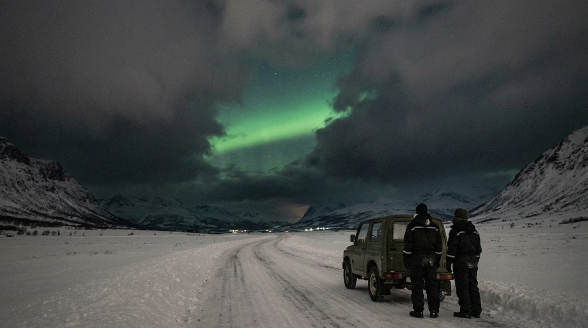 Overcast sky above Tromso during an aurora chase, the kind of blank night a northern lights tour guarantee is designed to cover