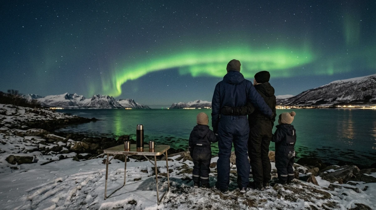 A child in a thermal suit standing beside a parent during a Tromso northern lights tour with kids, minibus parked behind them