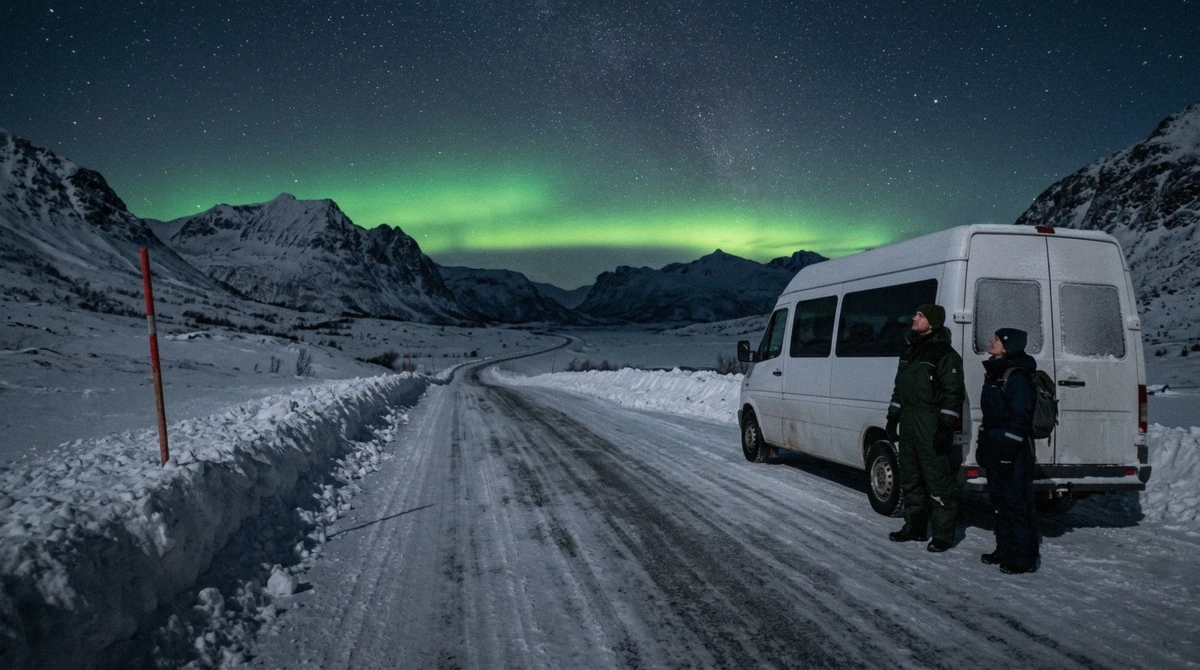A snow-covered road sign near the Finland border crossing on the Skibotn route used by Tromso aurora borealis tour minibuses chasing clear sky
