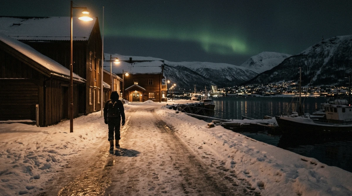 A minibus parked on a dark roadside during a late-return northern lights tour Tromso, headlights on, well past midnight