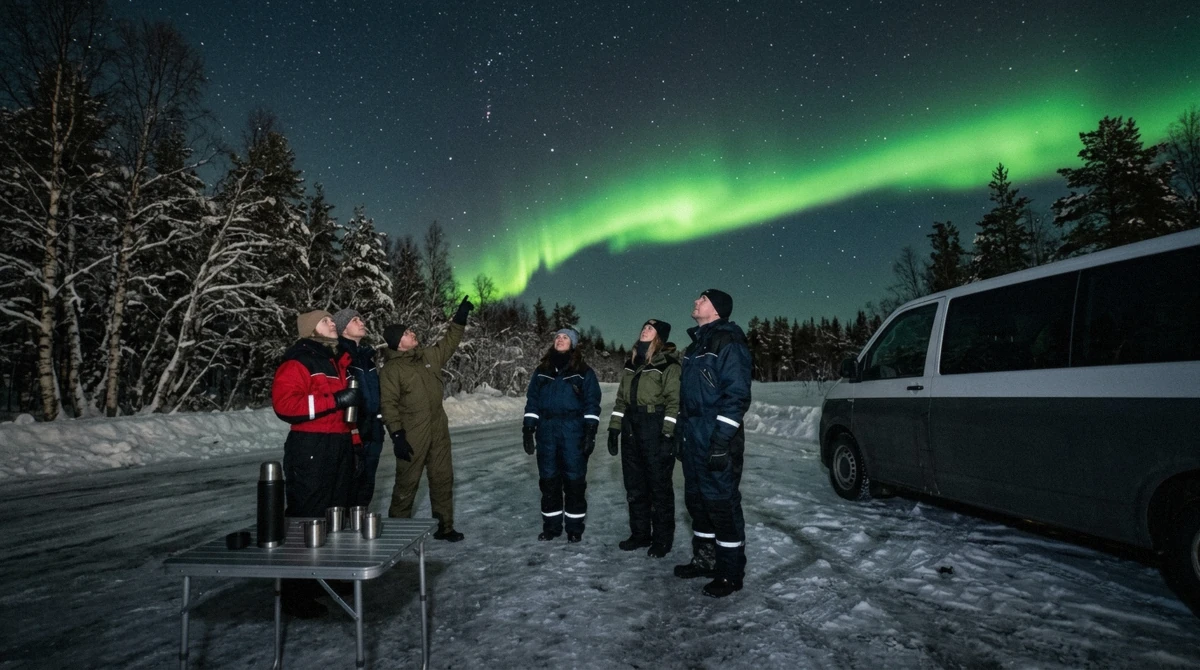 A small aurora tour minibus stopped on a roadside pull-off outside Tromso during a Northern Lights chase