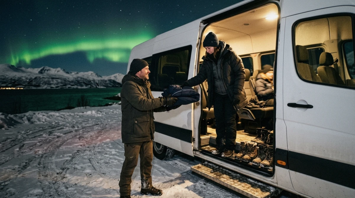 A guide handing over a red thermal suit and boots before a Tromso Northern Lights tour departs the city centre