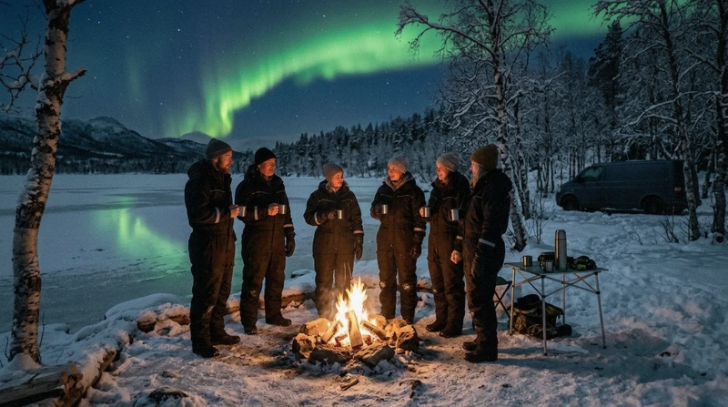 Minibus group watching a bright green aurora over a frozen fjord on a Tromso aurora borealis tour in Troms, Norway